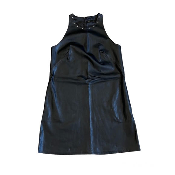 ZARA BASIC black faux leather shift dress with studs at the neckline Style 862 - Picture 4 of 16